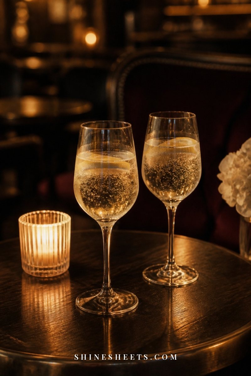Two glasses of sparkling water on a candlelit wooden bar table with warm low light