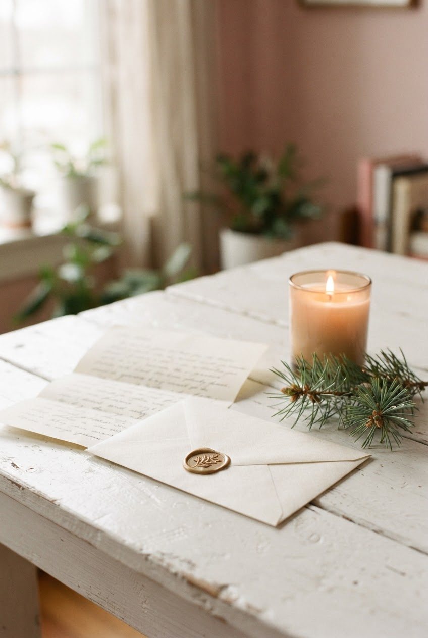 Handwritten letter, cream envelope with gold wax seal, sprig of pine and a glass candle on a white wooden table