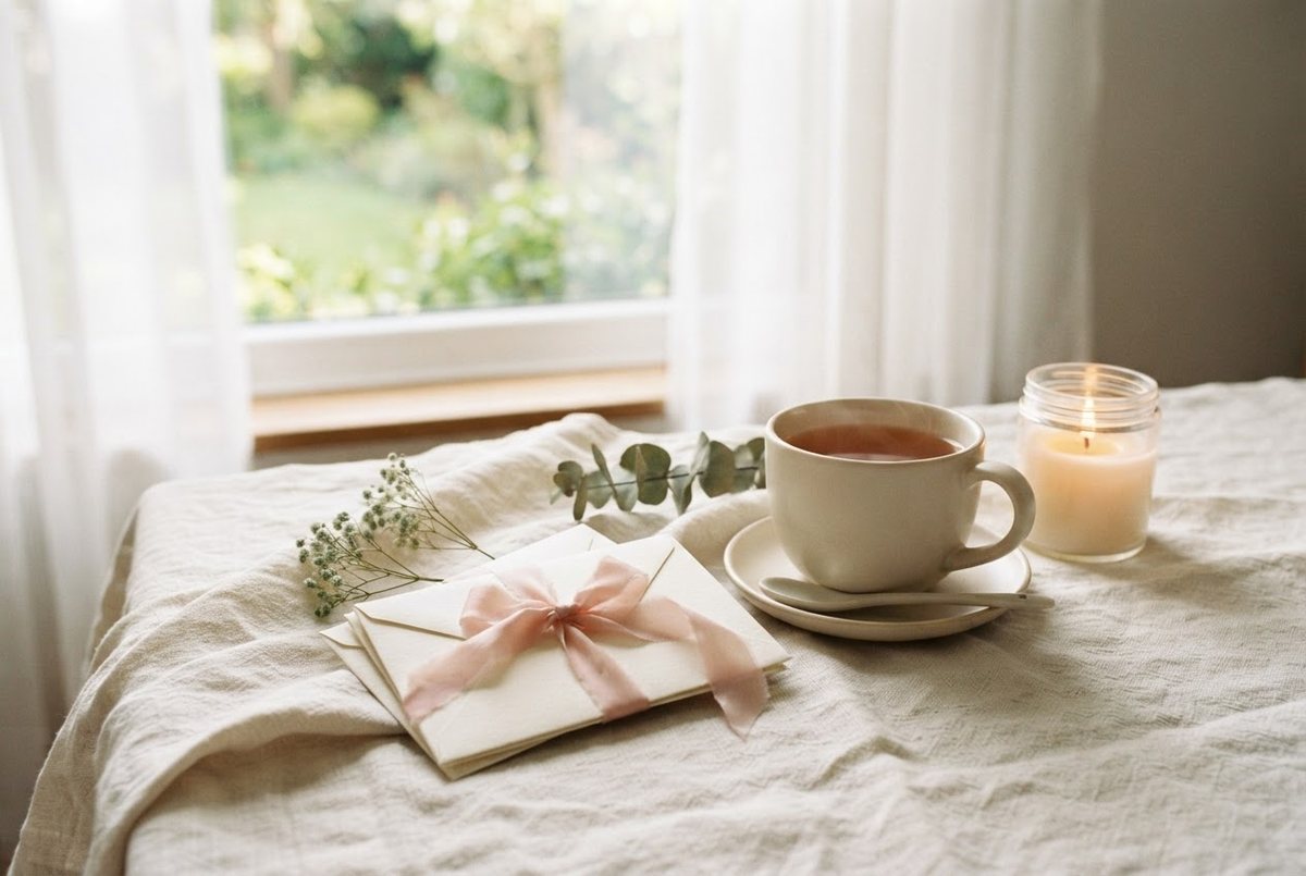 Small numbered cream paper envelopes, a glass candle and a cup of tea on a linen tablecloth