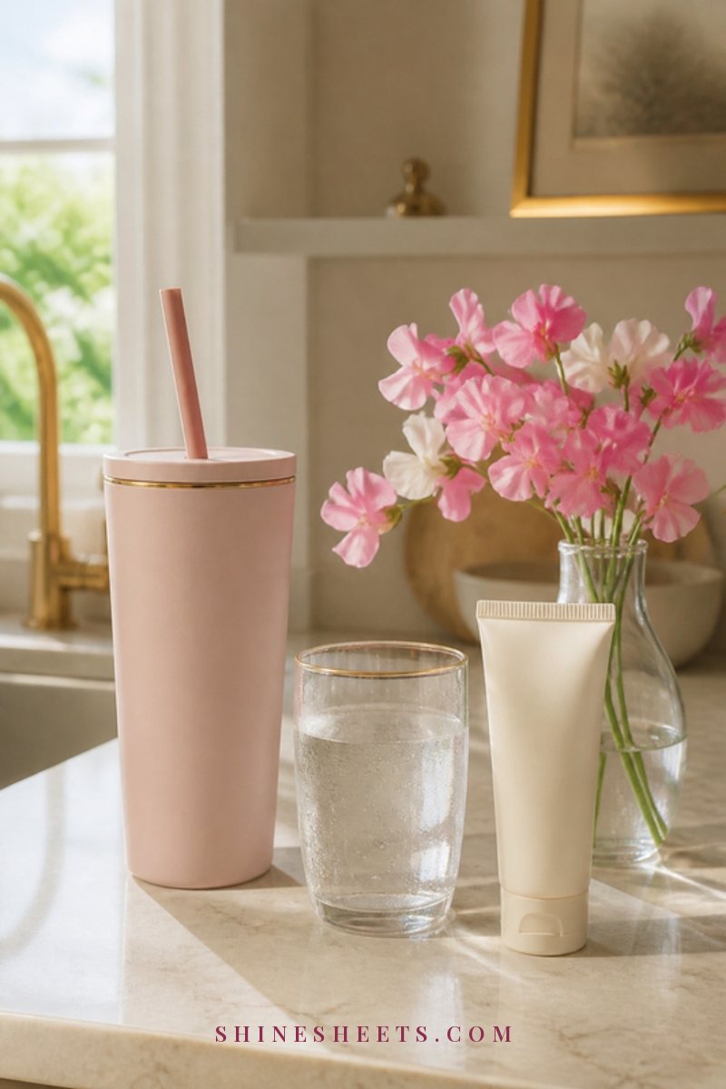 Blush insulated tumbler with a straw, a tube of hand cream and a small vase of flowers on a cream kitchen counter