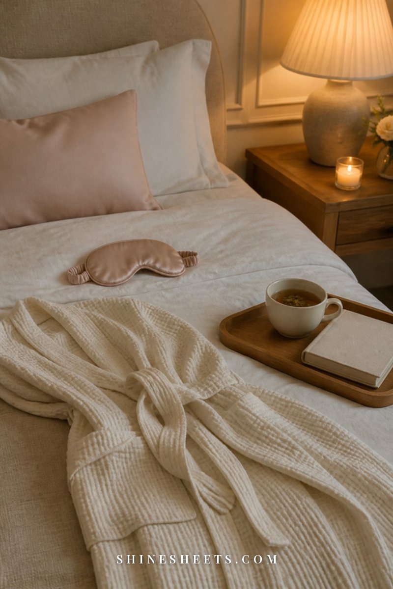 Cream waffle robe draped over a linen bed with a blush silk eye mask, a small journal and a cup of tea