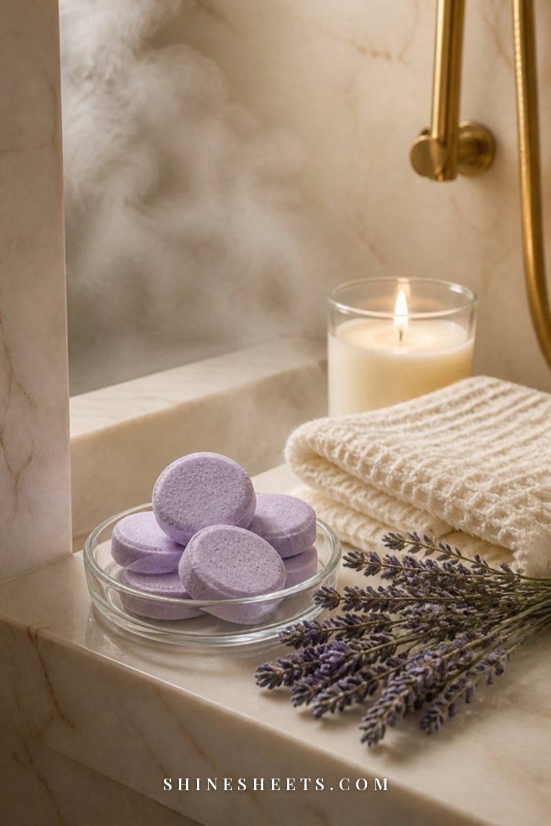Lavender shower steamers in a glass dish beside a folded cream towel and a candle in a calm marble shower