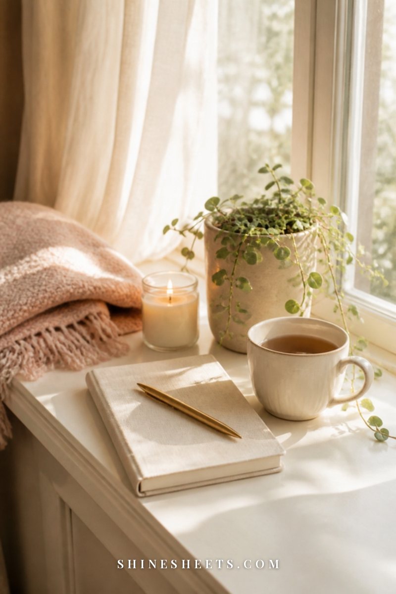 Small cream linen journal with a gold pen, a lit glass candle and a cup of tea on a quiet windowsill