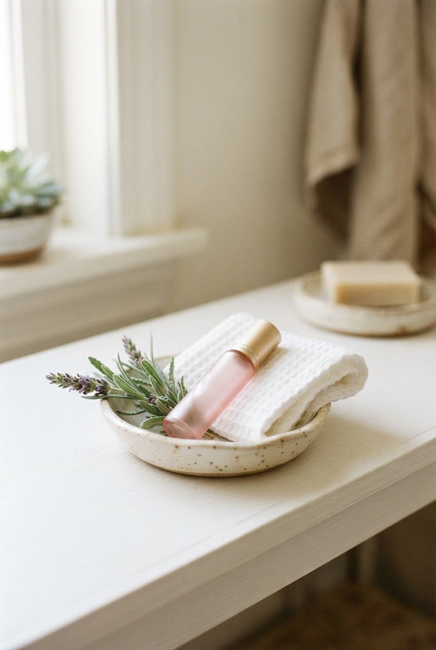 Small cream ceramic dish with a pink rollerball, a folded white washcloth and a lavender sprig on a bathroom shelf in soft daylight
