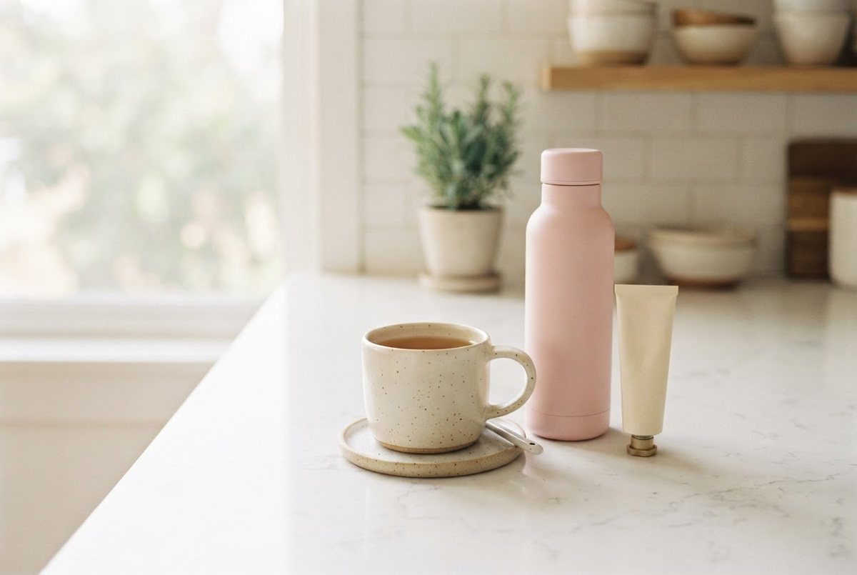 Cream ceramic mug of tea, a pastel pink water bottle and a small hand cream tube on a white kitchen counter in soft morning light