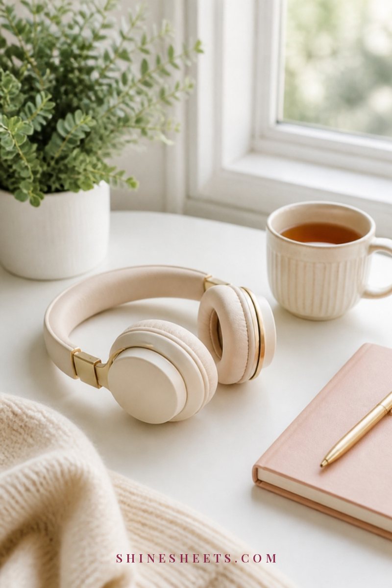 Cream over-ear headphones resting on a tidy white desk beside a cup of tea and a small potted plant