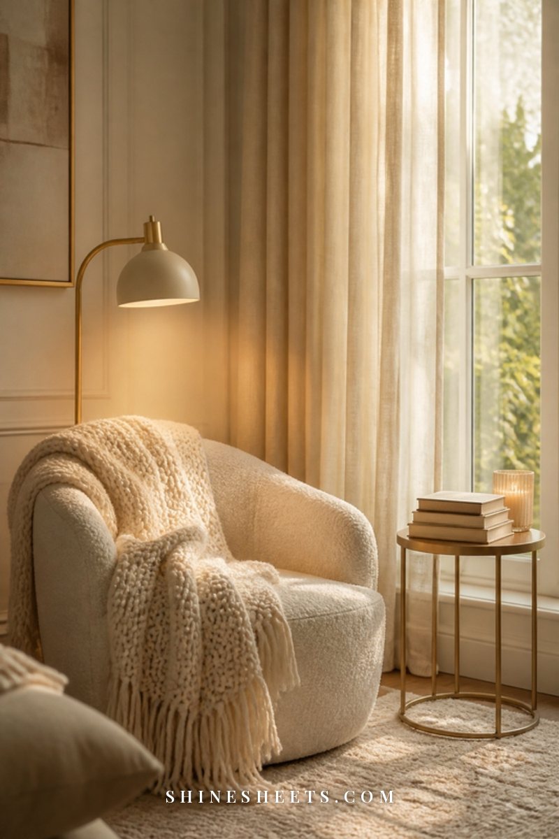 Quiet reading corner with a cream armchair, a soft knit throw and a warm reading lamp beside a window