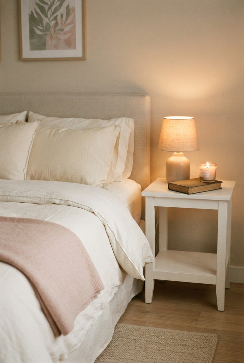 Neatly made bed with cream pillows, a folded blush throw, a closed book and a lit glass candle on a white nightstand