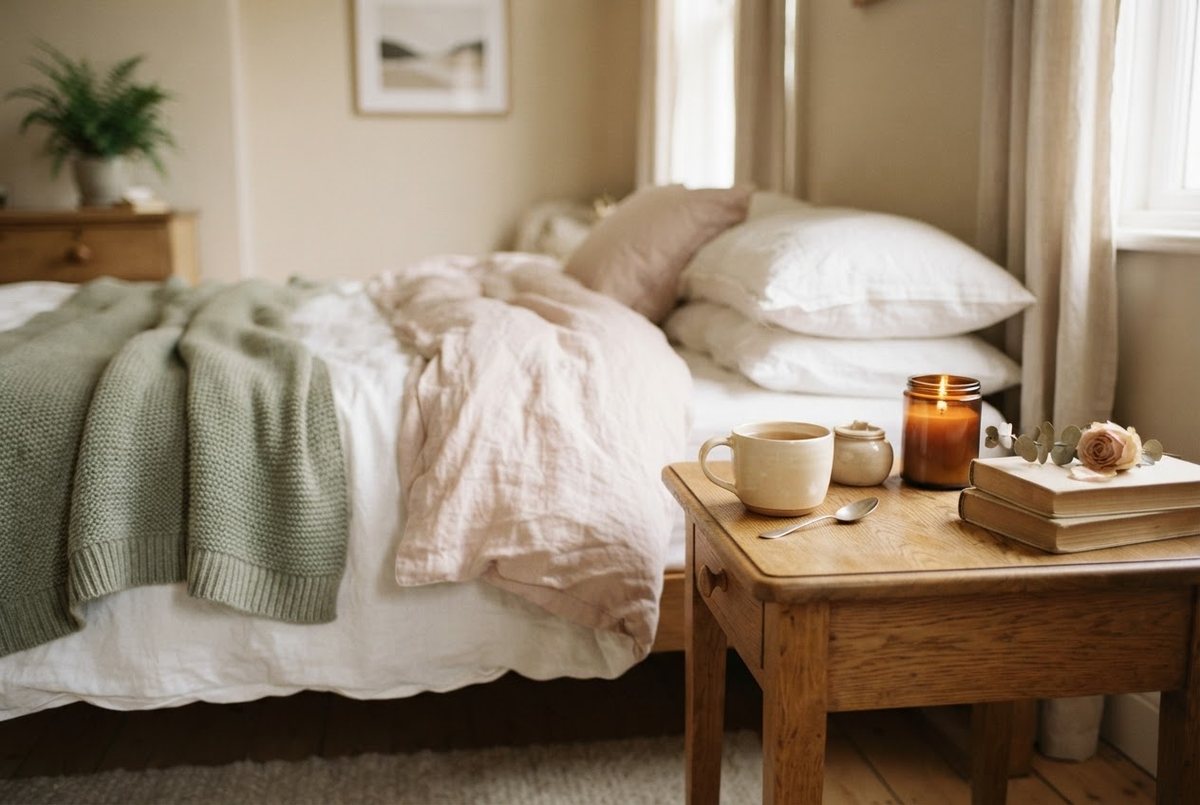 Rumpled white linen bed with a sage knit throw, a cream mug of tea and a lit glass candle on the nightstand in soft light