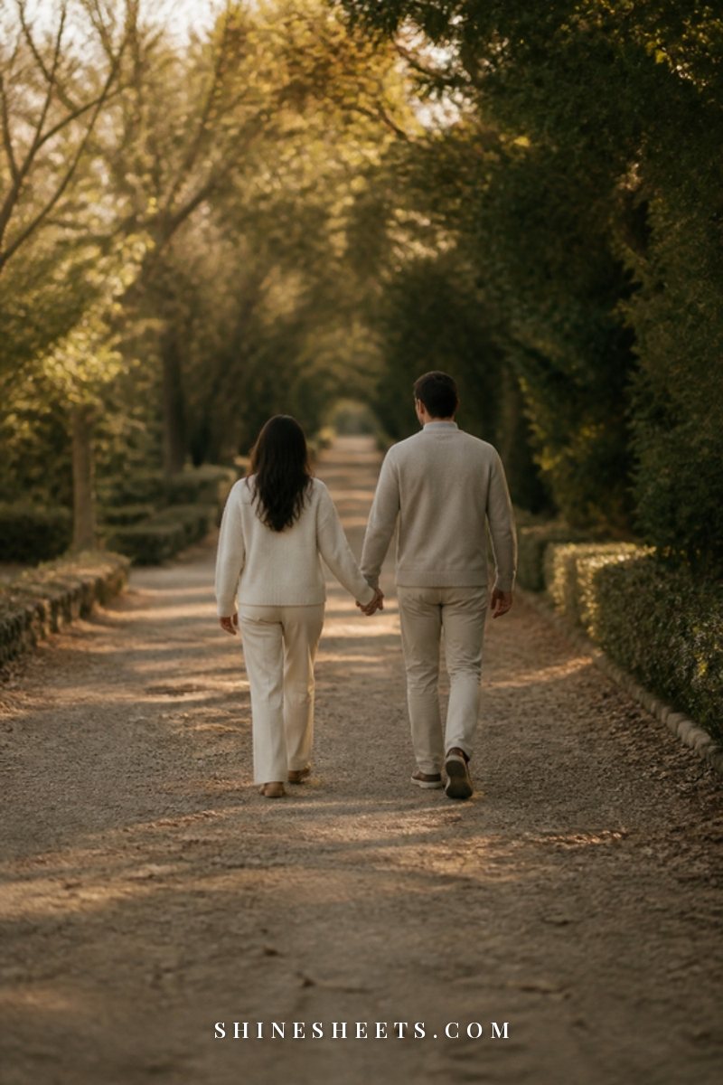 A couple seen from behind walking hand in hand on a quiet tree-lined path in soft golden light