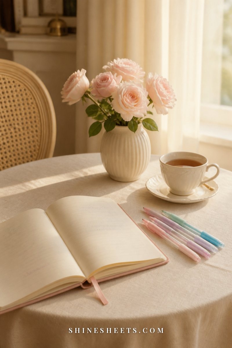 A kitchen table with an open notebook with blank pages, two cups of tea and a small vase of flowers