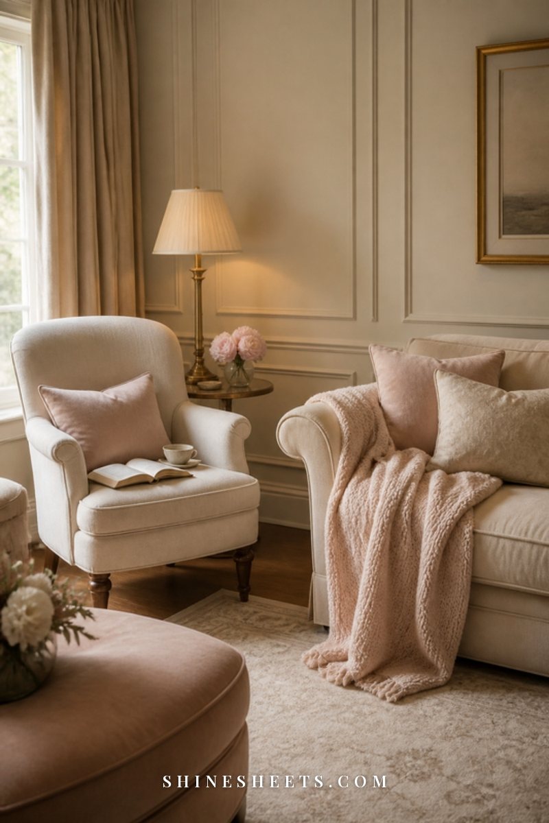 A reading chair with a book and a cup of tea next to a sofa with a knit blanket, two calm corners in one room