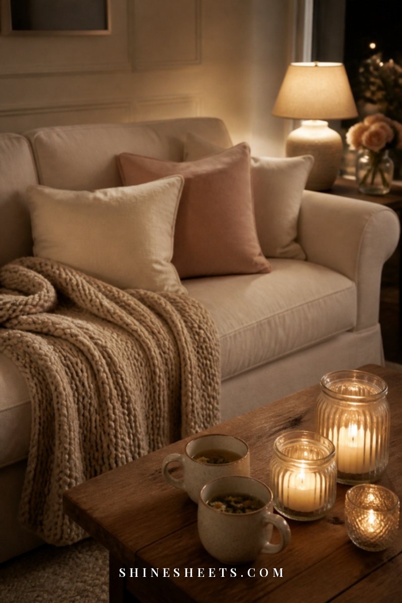 A sofa with a soft knit throw, cushions, two mugs of tea and several glowing glass candles in the evening