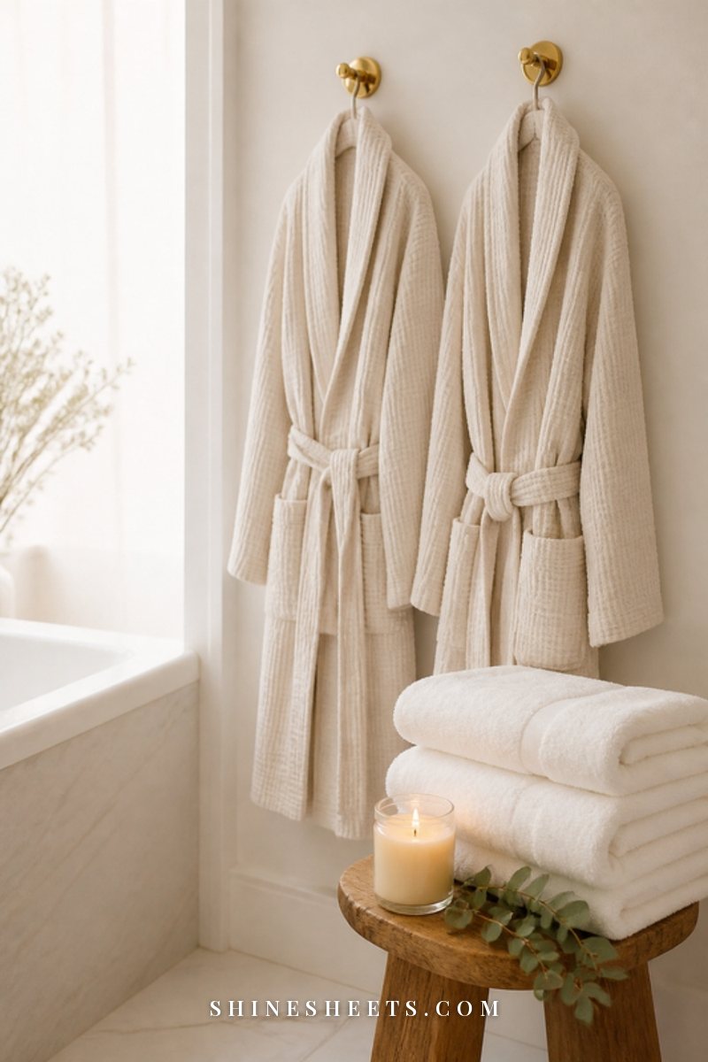 Two cream waffle robes hanging side by side in a bright bathroom with a glass candle and white towels