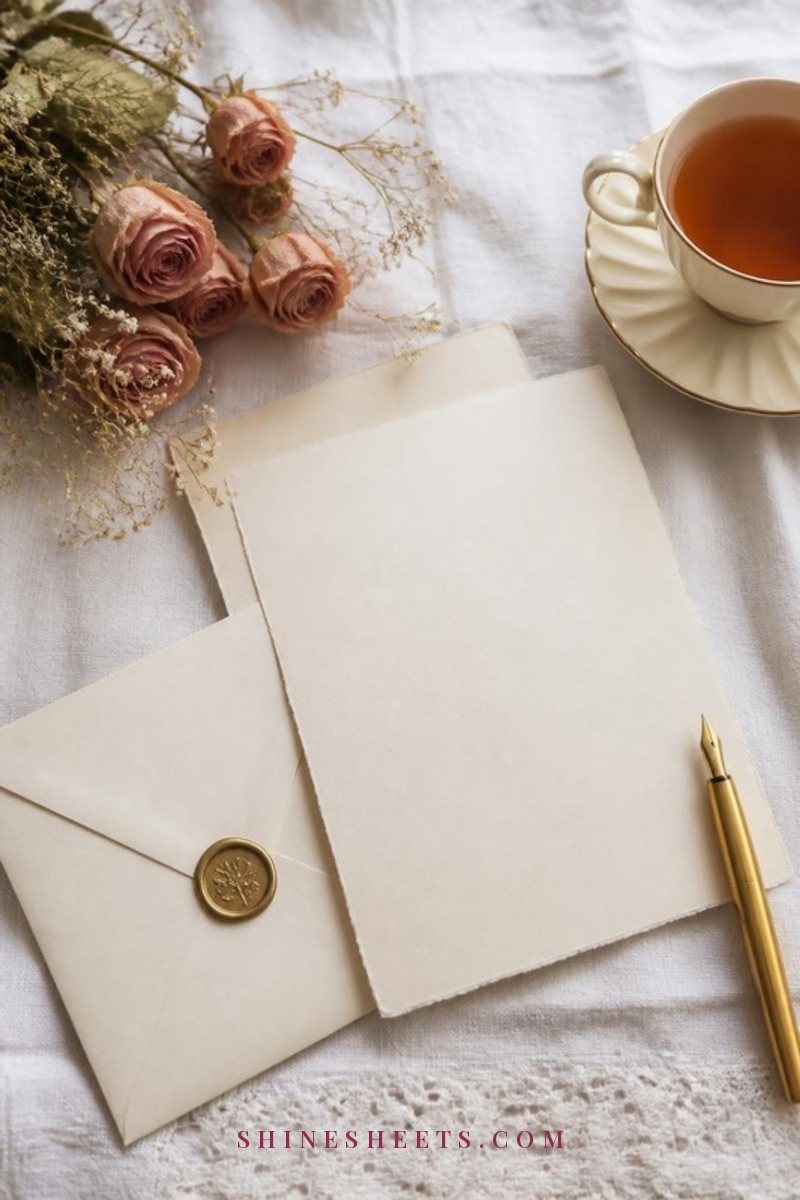 Blank cream stationery, an envelope with a gold wax seal, a gold pen and dried flowers arranged on a white linen tablecloth