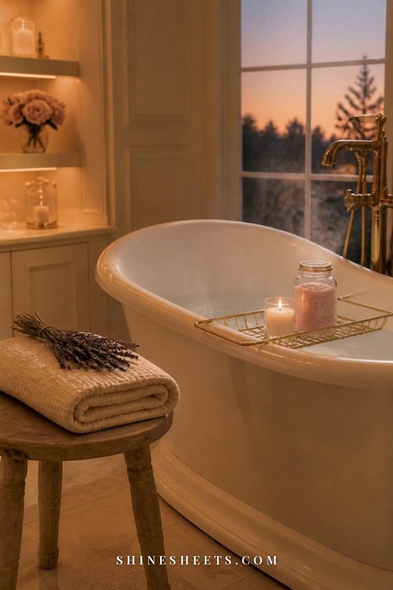 Freestanding white bathtub with steaming water, a glass jar of pink bath salts, a lit cream candle and a folded towel in soft evening light
