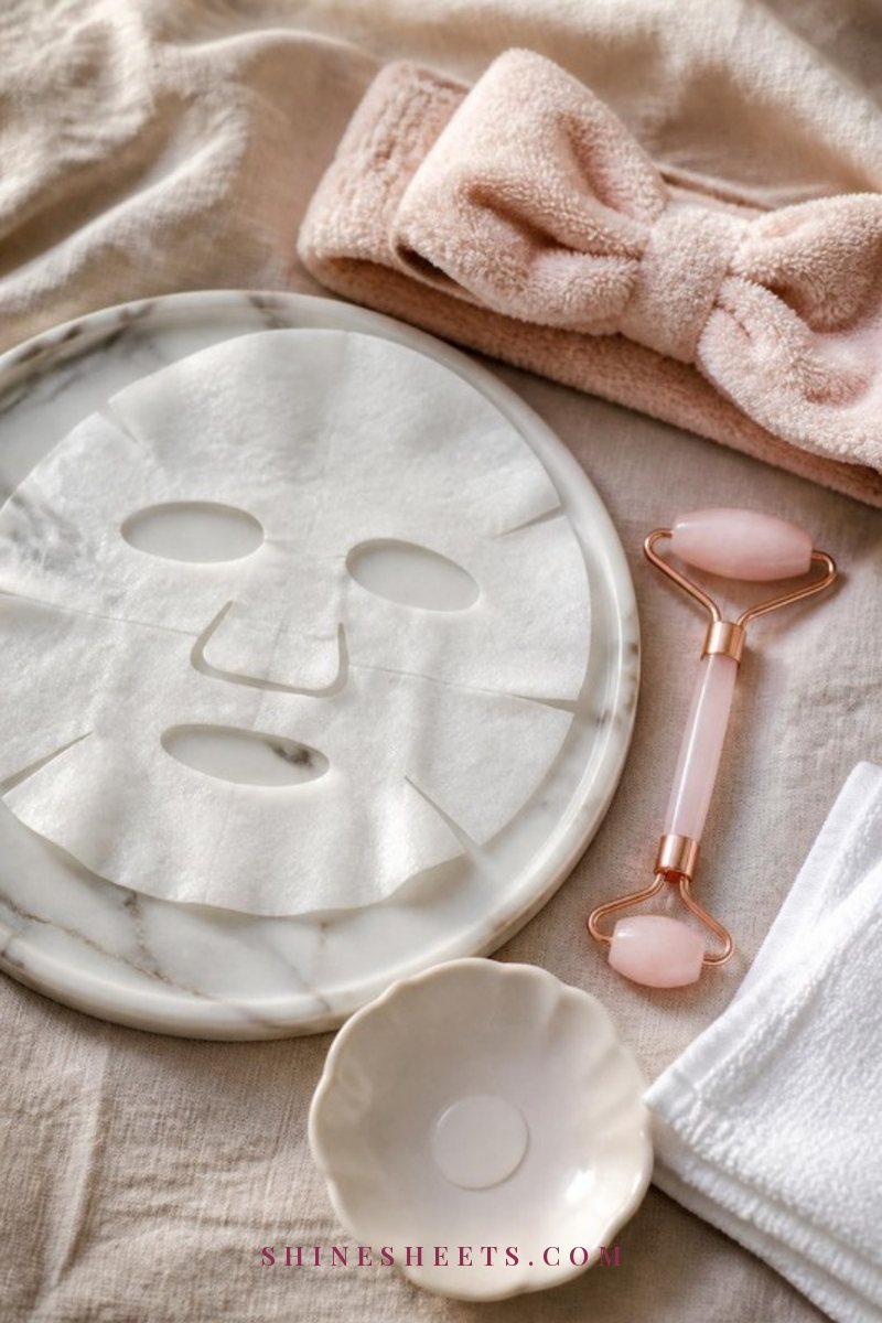 Unfolded hydrating sheet mask on a white marble tray with a blush headband, a rose quartz roller and a small ceramic dish of serum