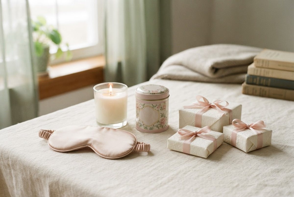 Blush satin sleep mask, glass candle, small tea tin and ribbon-tied gifts on a cream linen tablecloth