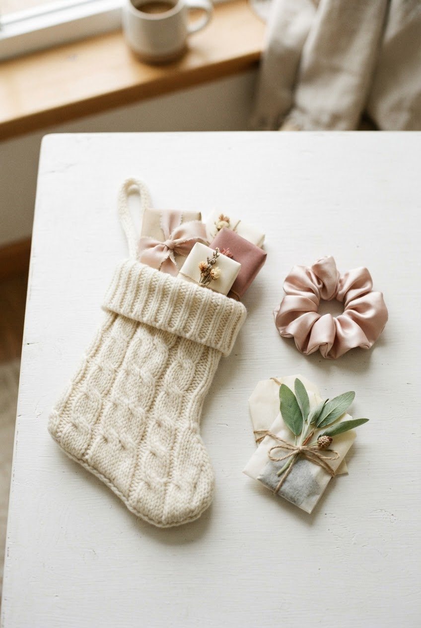 Open stocking-shaped gift bag in cream knit with small wrapped presents, a satin scrunchie and tea bags on a white table