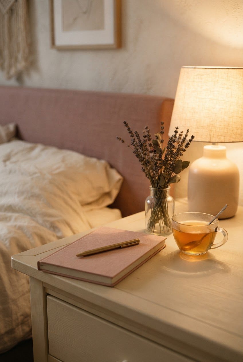 Blush journal, a pen, a small vase of dried lavender and a cup of chamomile tea on a cream bedside table