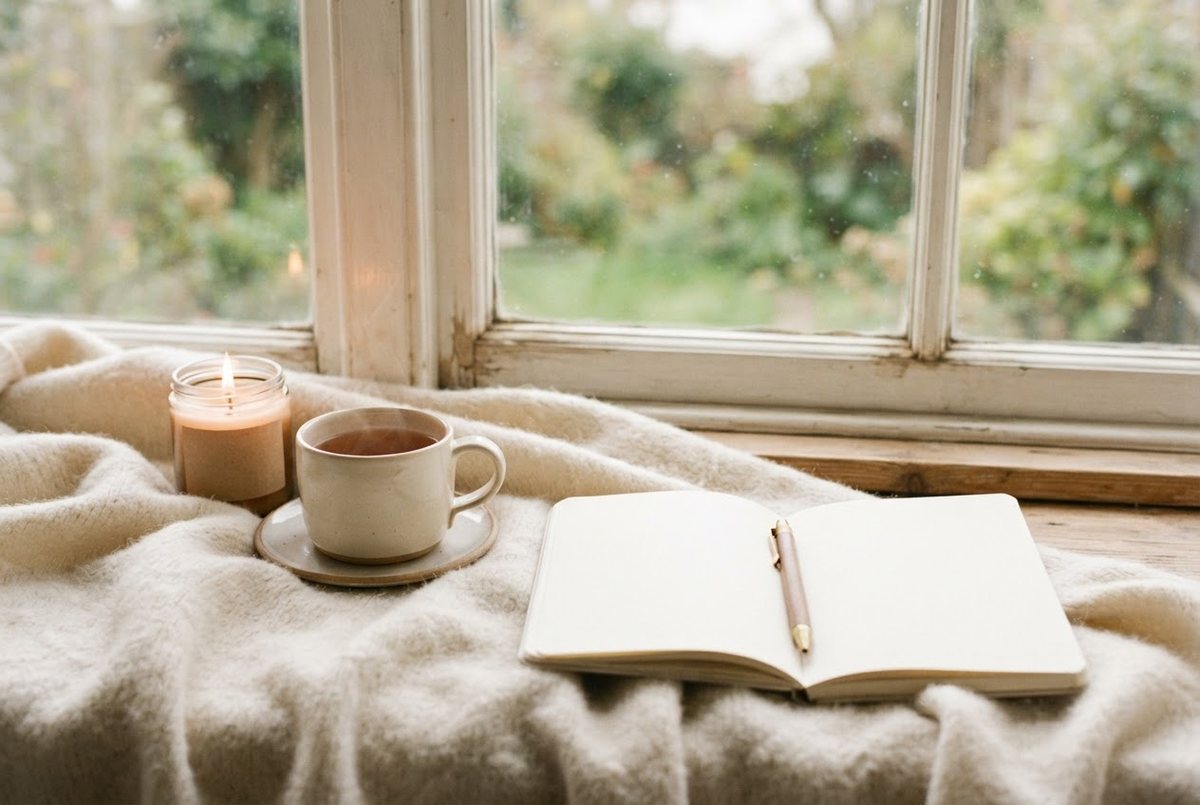 Cream mug of tea, an open blank journal with a pen and a lit glass candle on a soft white blanket by a window