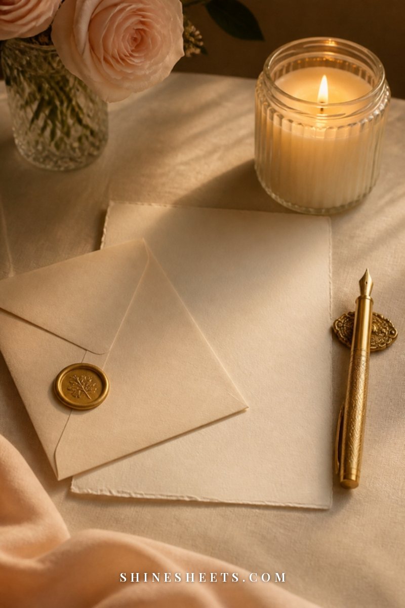 Blank cream stationery, a sealed envelope with a gold wax seal and a fountain pen beside a glass candle on a linen tablecloth