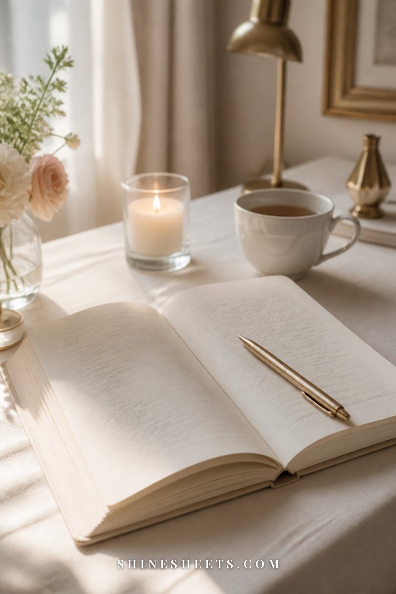 An open cream journal with soft illegible handwriting, a gold pen and a cup of tea on a white linen desk in morning light