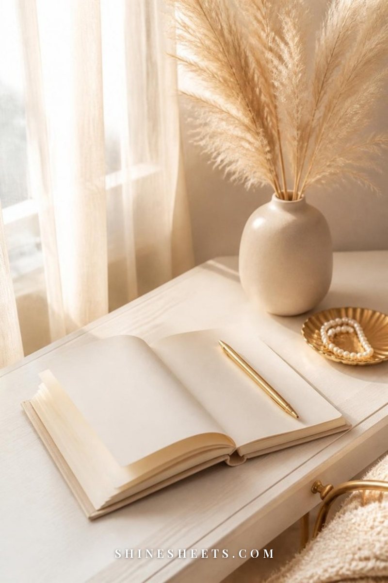 Cream journal open beside a gold pen, dried pampas grass in a beige vase and soft morning light on a white wooden desk