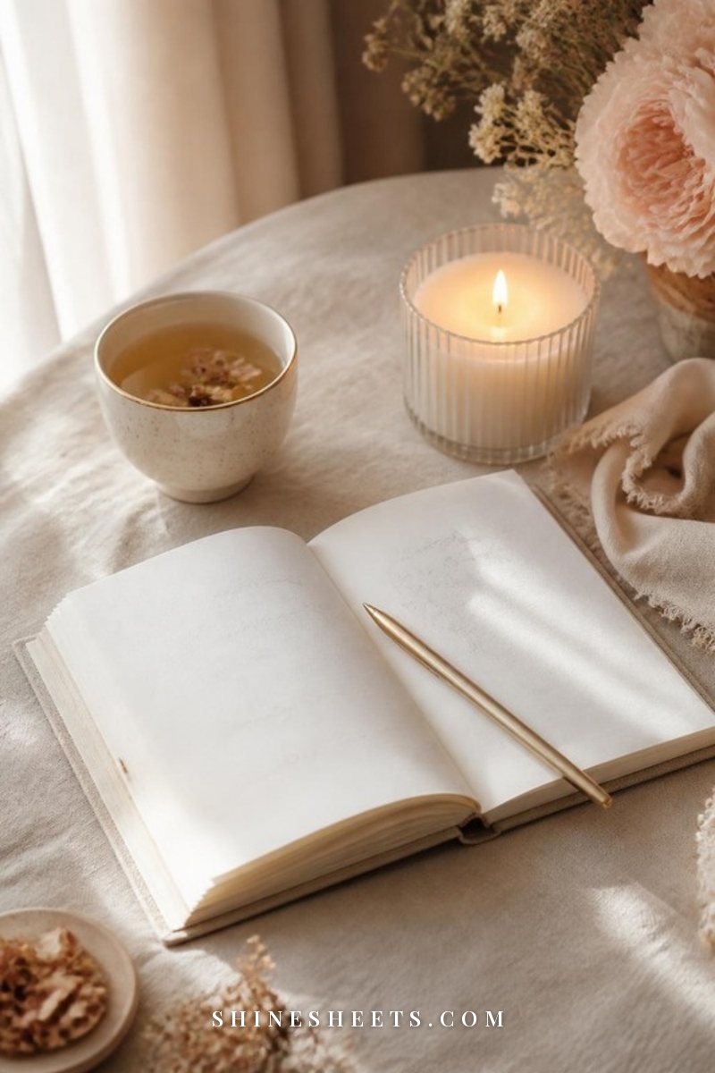 Open cream linen journal with a gold pen, a cup of herbal tea and a lit glass candle on a beige linen tablecloth in soft window light