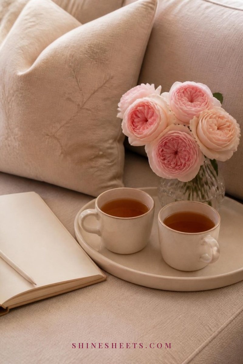 Two cups of tea on a cream ceramic tray next to an open blank journal and a small vase of blush roses on a linen sofa