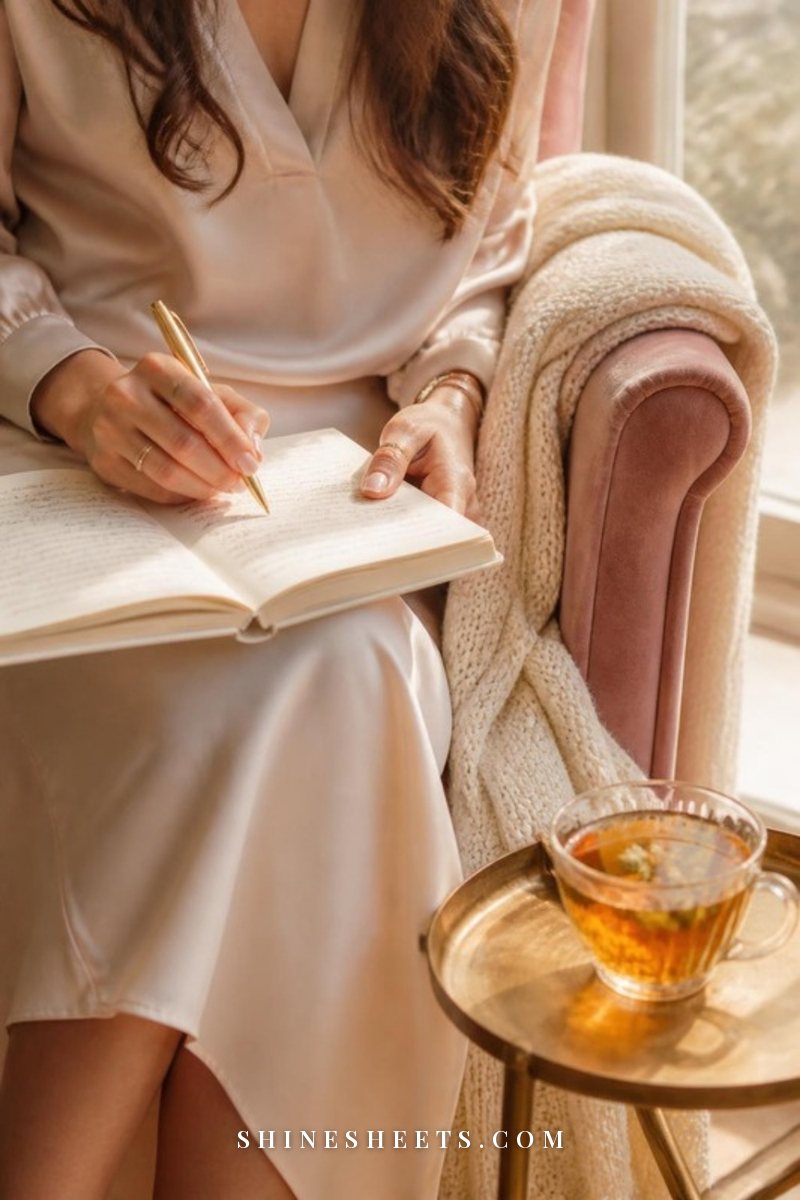 Woman's hands writing in a cream journal on a blush velvet armchair with a cream knit throw and a glass of tea beside her