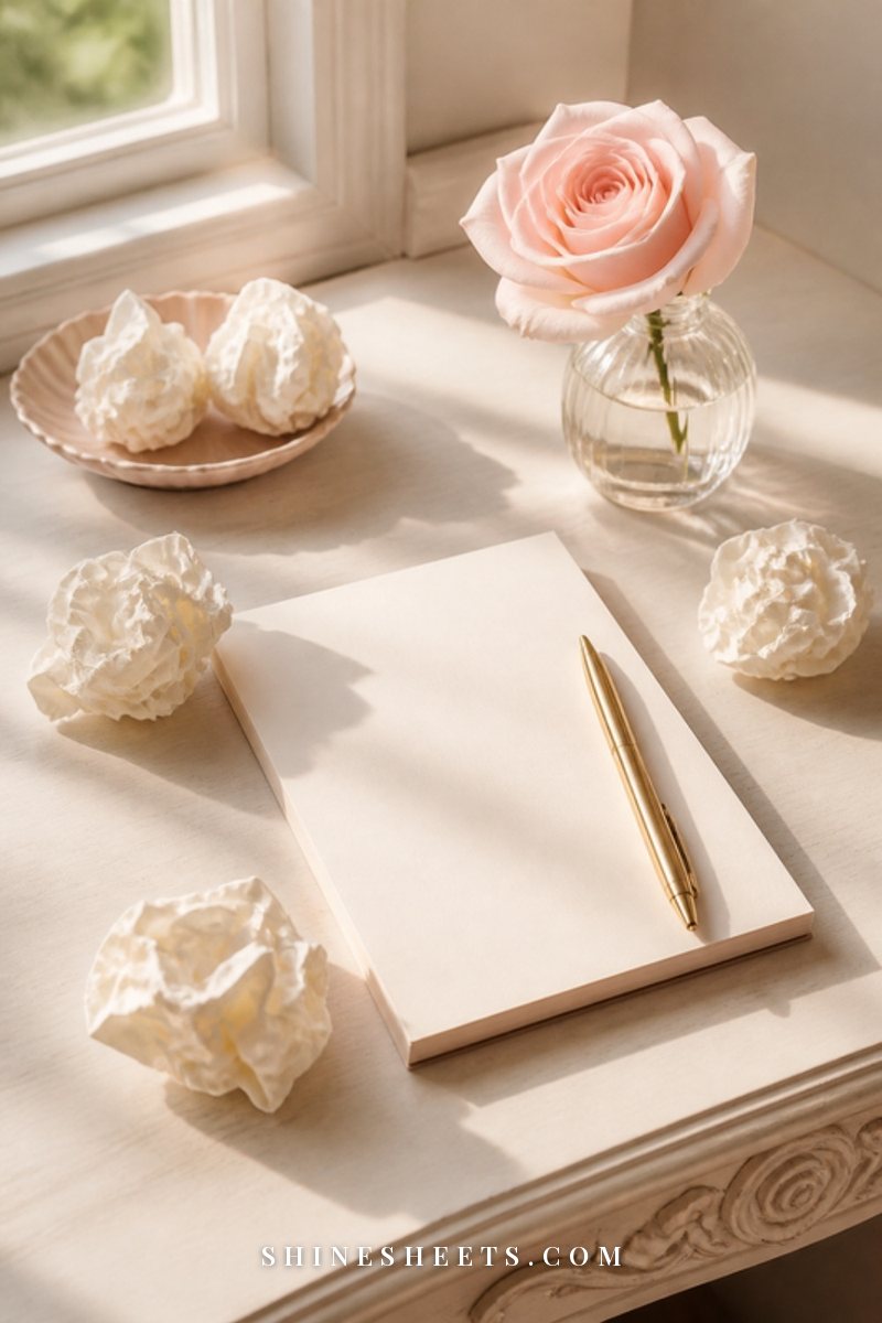 Cream desk with a blank notepad, a gold pen and several softly crumpled blank paper balls in warm window light