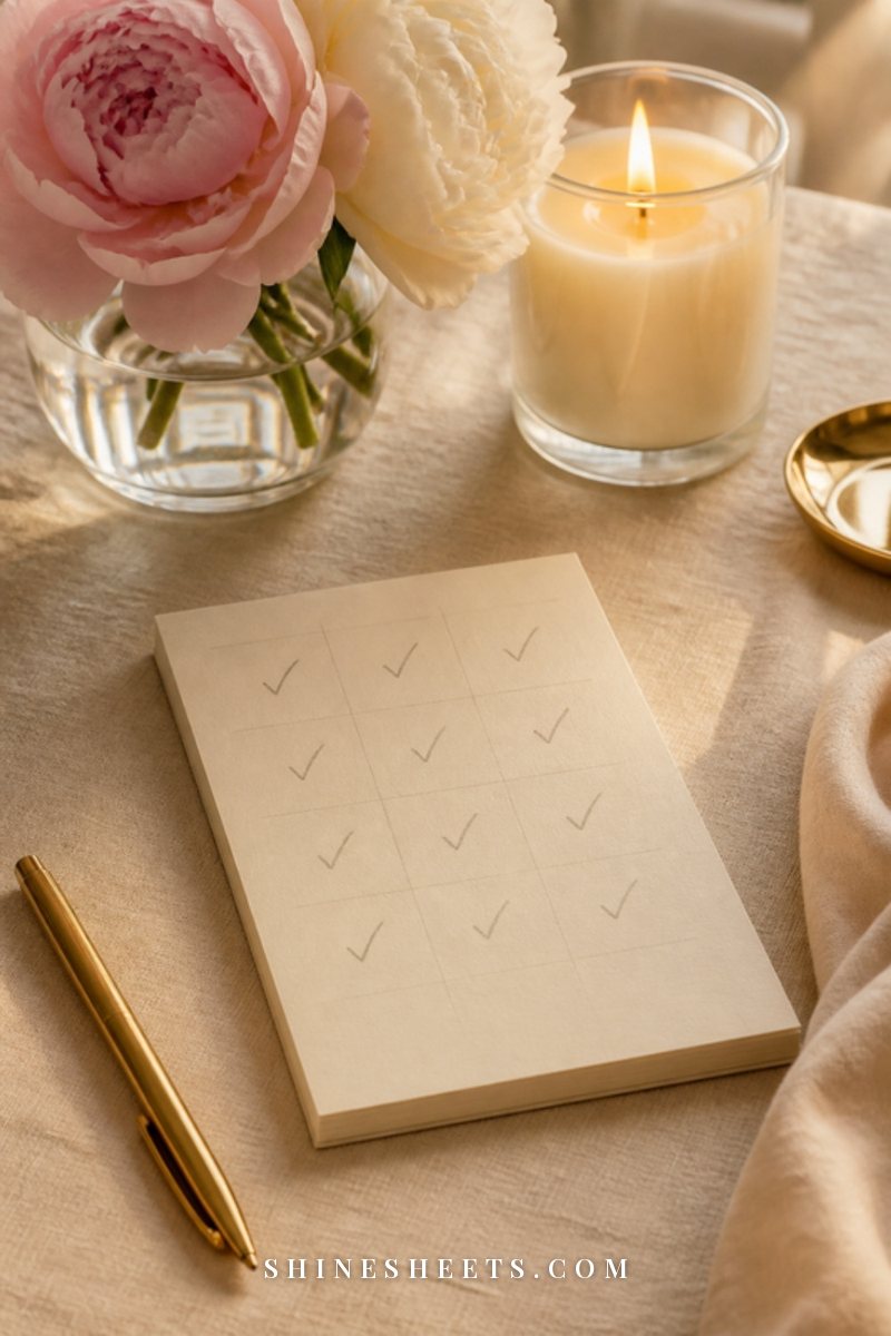Habit tracker notepad with soft pencil check marks next to a lit glass candle and a small vase of blush peonies