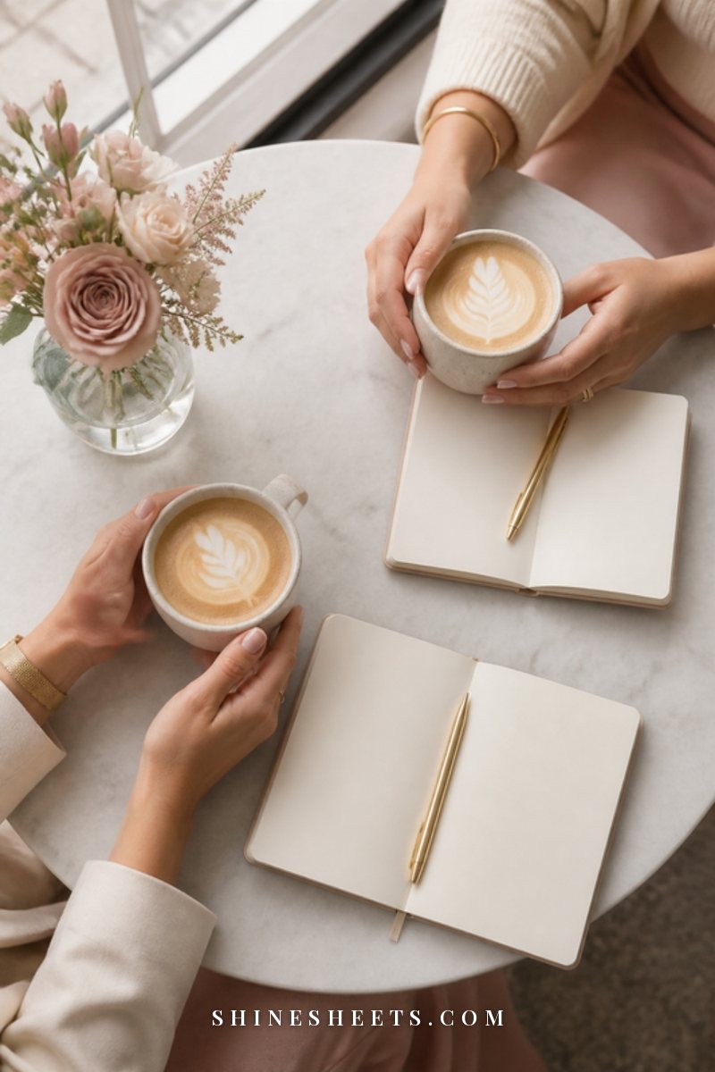Two women's hands holding cream ceramic mugs across a small marble cafe table with two open notebooks