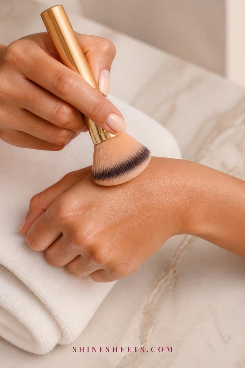 Fluffy blush kabuki brush buffing the back of a woman's hand above a white towel in soft daylight