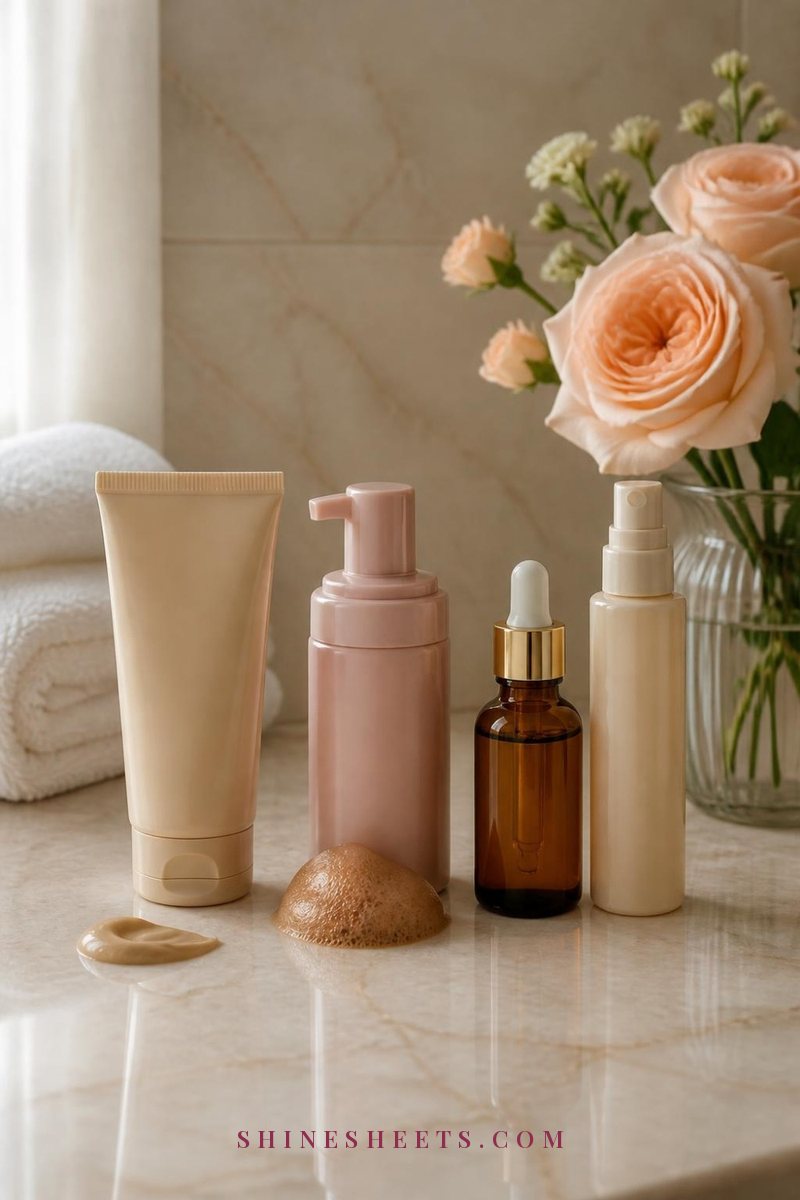 Four unlabeled self tanner formulas, a lotion tube, a mousse bottle, a glass dropper and a mist spray, on a cream marble vanity