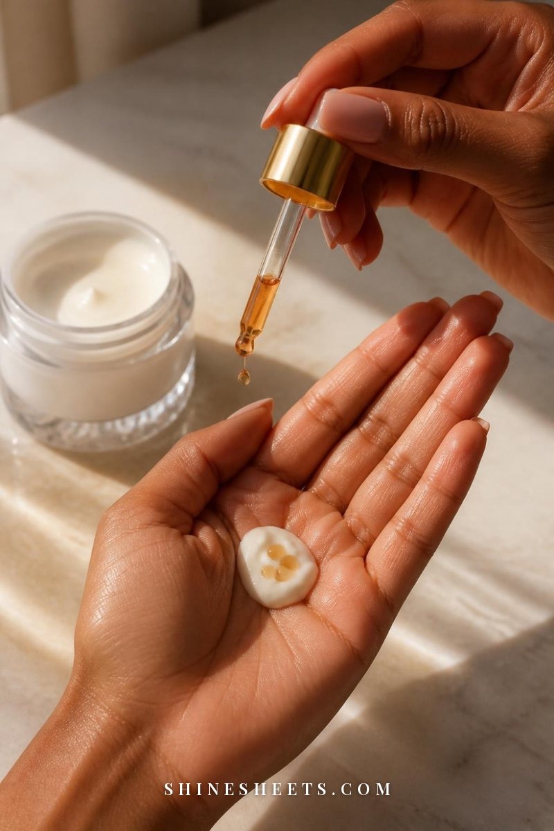 Glass dropper adding two amber drops of tanning drops into a pearl of white moisturizer in a woman's palm
