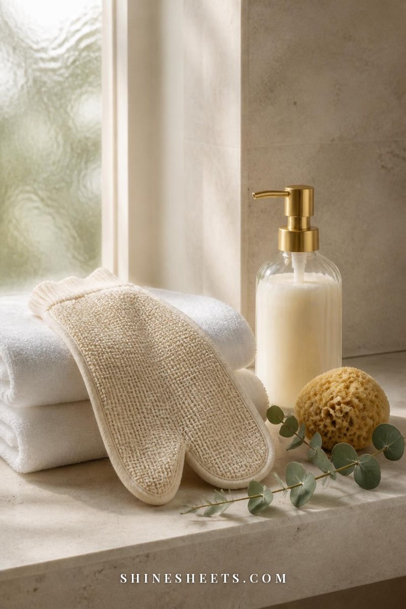 Textured cream exfoliating mitt draped on a folded white towel beside a glass bottle of body wash on a bathroom shelf