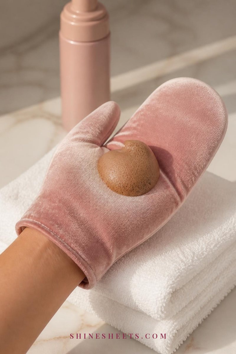 Woman's hand in a soft blush velvet tanning mitt holding a dollop of bronze mousse over a white towel
