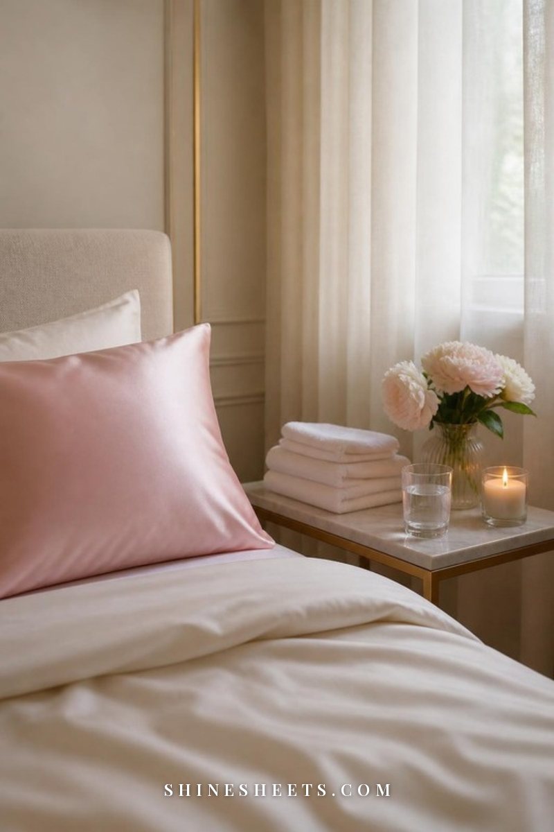A blush silk pillowcase, soft white towels and a glass of lukewarm water in a calm bedroom