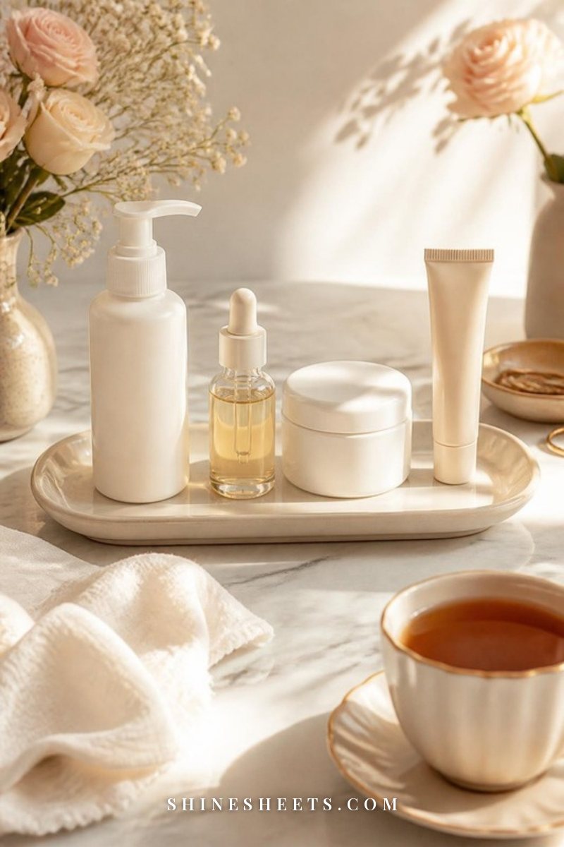 Four unlabeled skincare products lined up in morning order on a cream bathroom tray