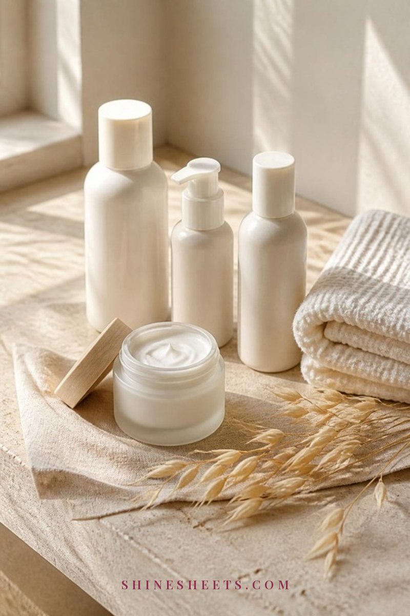 A minimal set of cream skincare bottles and a folded white towel on a beige linen surface in soft light