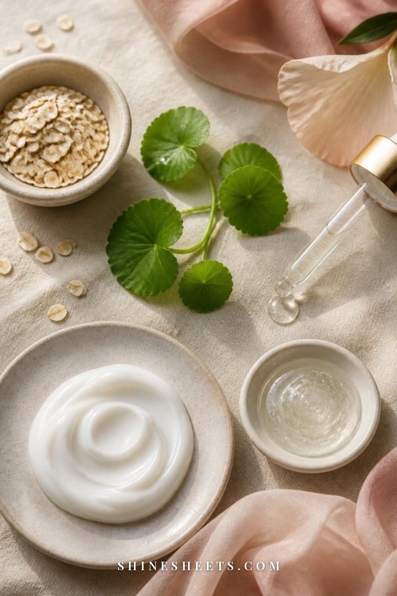 Soothing skincare ingredients styled together: oats, centella leaves, a white cream swatch and a serum dropper