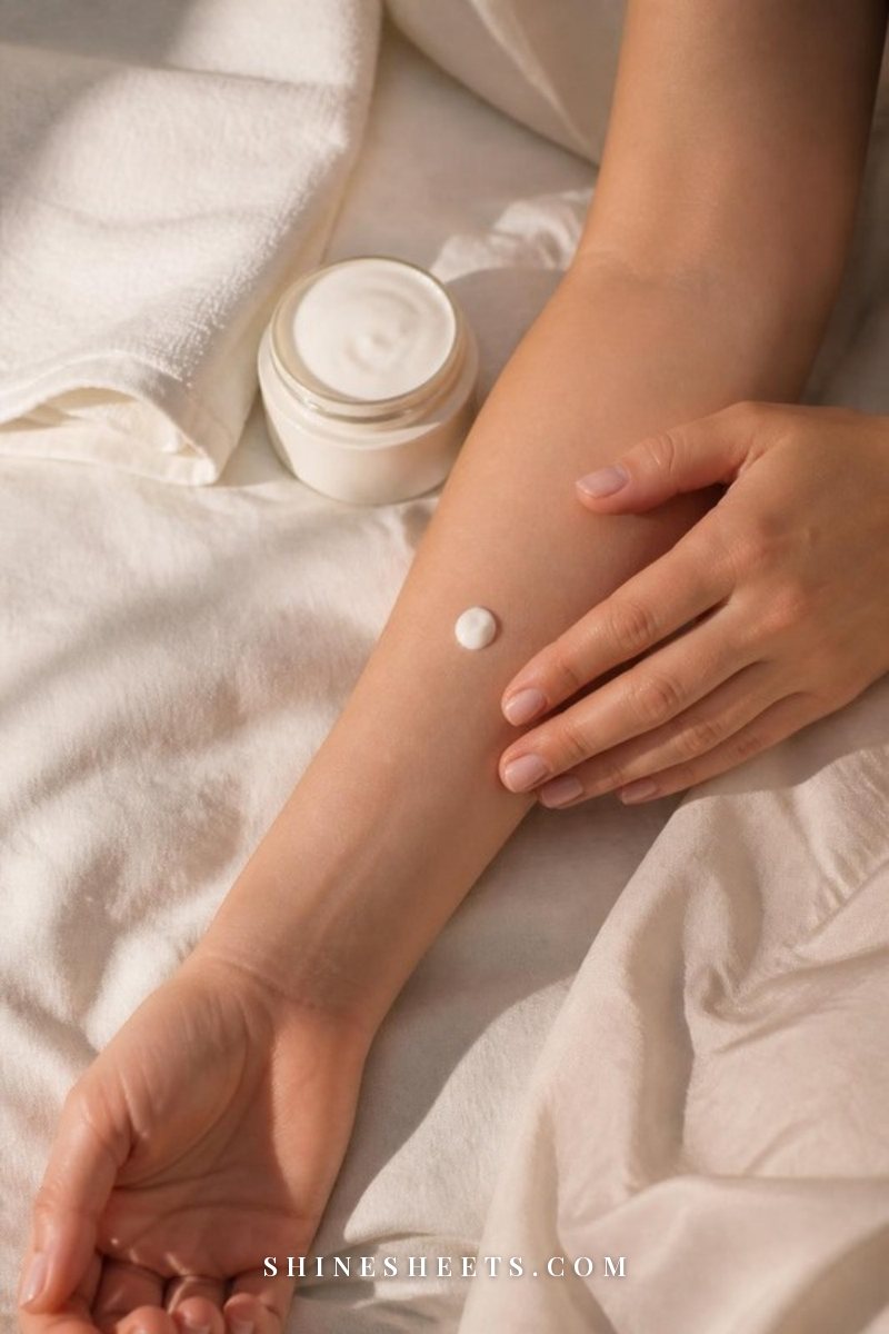 A woman's inner forearm with a small dab of white cream, next to a folded white towel