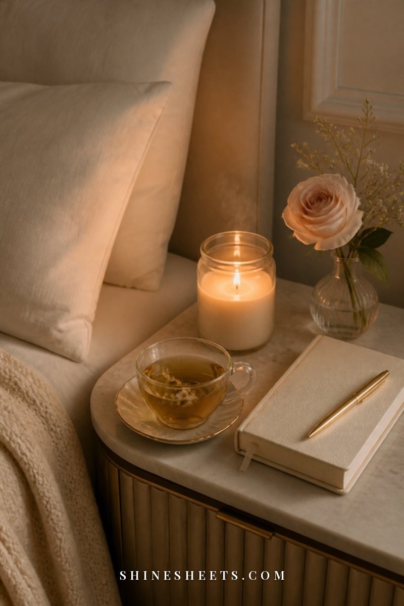 A calm bedside table with a glass jar candle, herbal tea and a closed cream journal at night