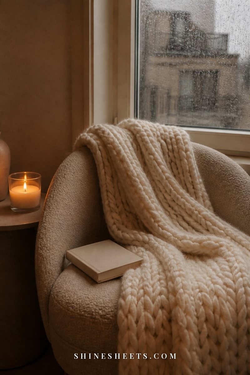 A soft cream throw blanket draped over an armchair by a rainy window with a glowing glass candle