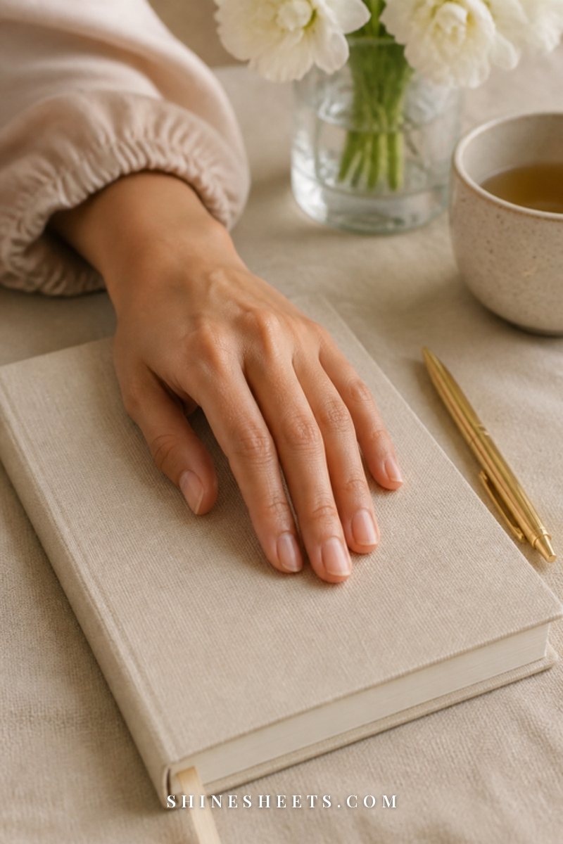 A woman's hands resting gently over an open journal with a gold pen nearby in soft morning light