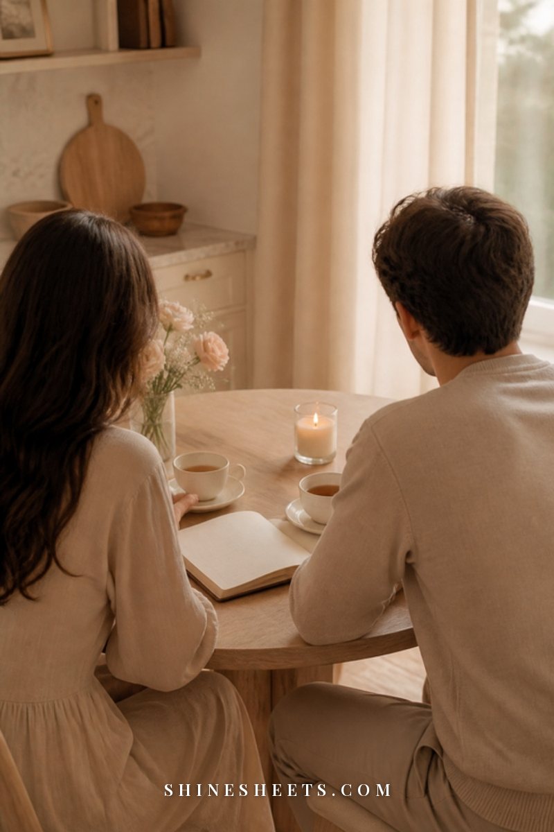 A couple seen from behind sitting at a kitchen table with tea