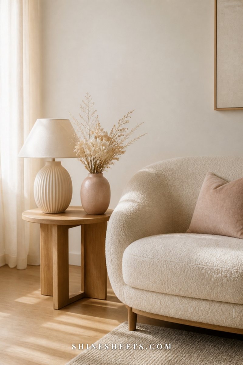 A cozy living room with fresh flowers and a folded throw after tidying