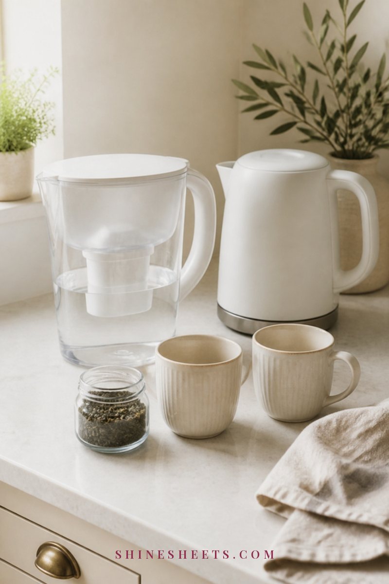 A tidy, sunlit kitchen with a folded tea towel and two mugs by the sink
